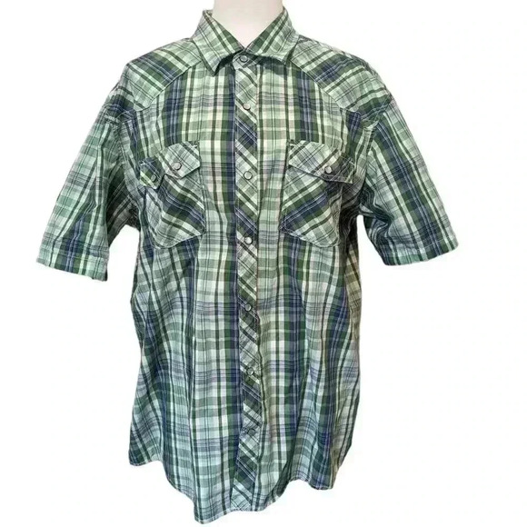 Micros Green Plaid Short Sleeve Pearl Like Snap Buttons Size XL - Picture 1 of 5